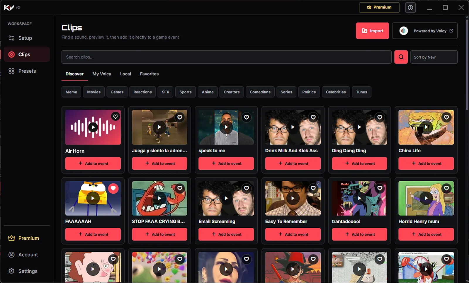 Killer Vibe Clips screen: Discover tab with meme categories and Add to event buttons