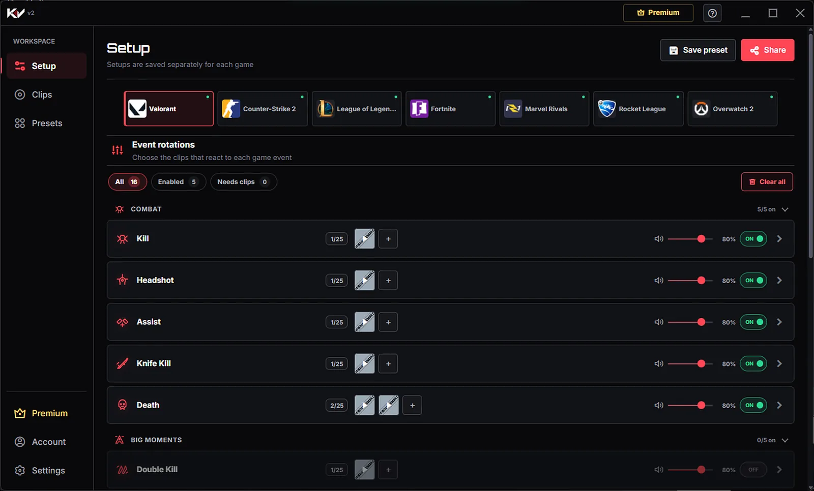 Killer Vibe Setup screen: Valorant event rotations with clips, volume sliders and on/off toggles