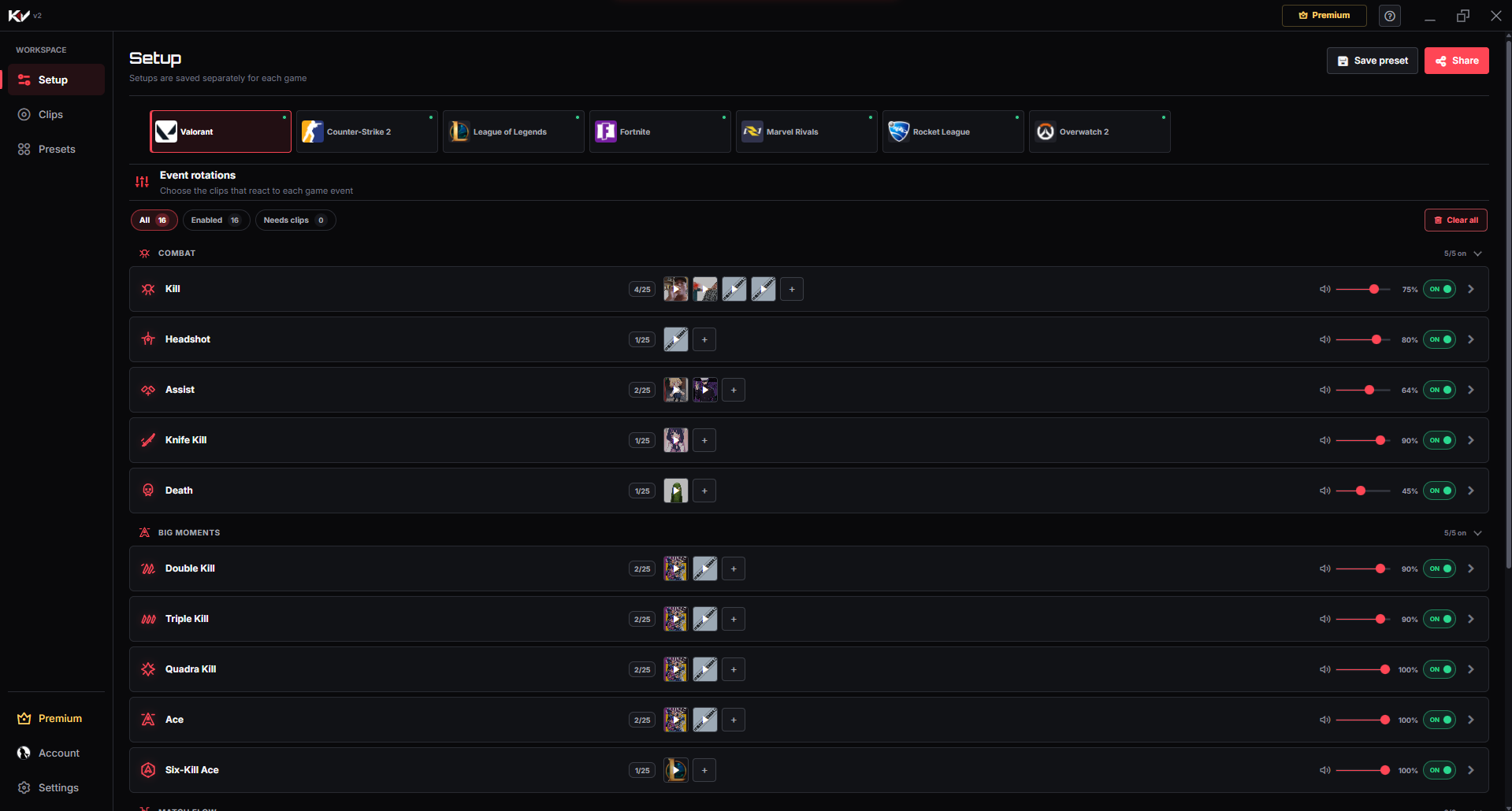 Killer Vibe Setup screen showing supported Valorant events with assigned sound clips and per-event playback controls.